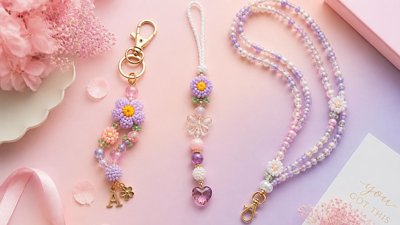 Handmade beaded accessories including keychains, car charms, and lanyards